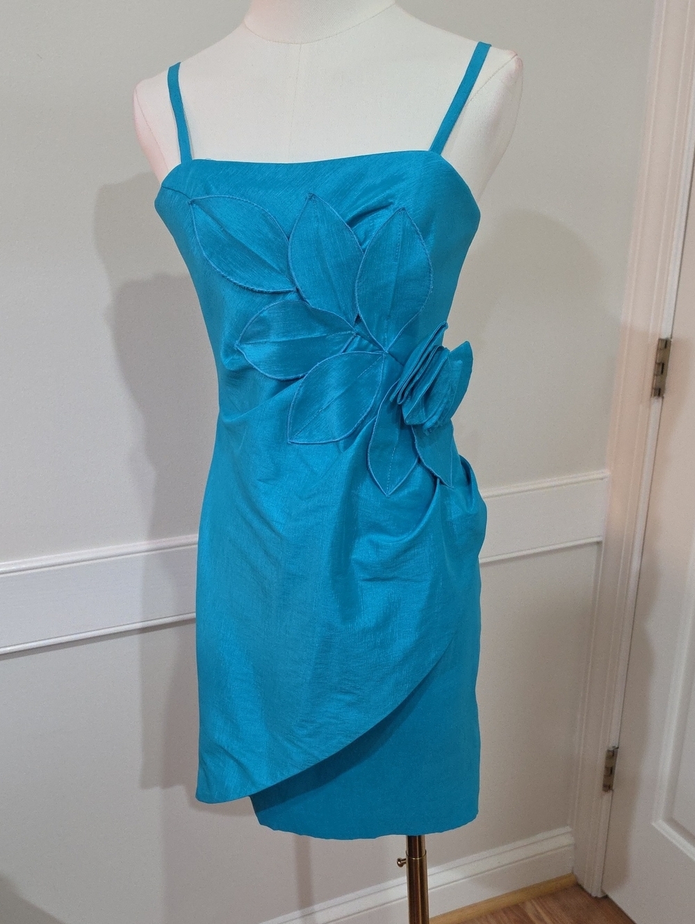 Vintage Liz Minelli Turquoise Satin Tulip Mini Dress 3D Floral Size M (Meas. S)